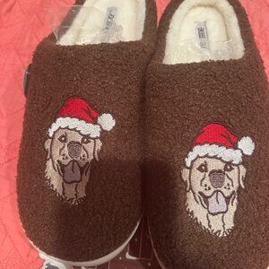 Brown Slippers with Santa Dog Design